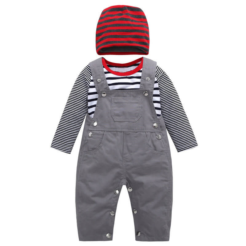 Striped Romper + Gray Overalls 3-Piece Set