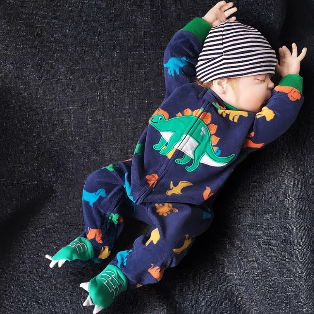 Baby Blue Dinosaur-Print Long-Sleeve Romper