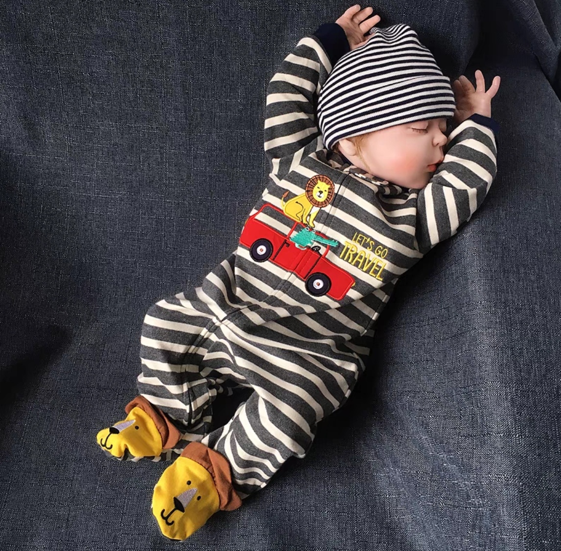 Baby Striped Vehicle-Print Long-Sleeve Romper