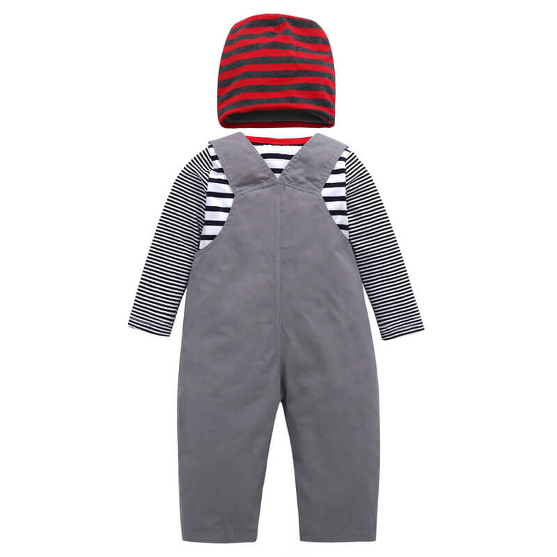 Baby Striped Top, Bib Overalls & Hat 3-Piece Set