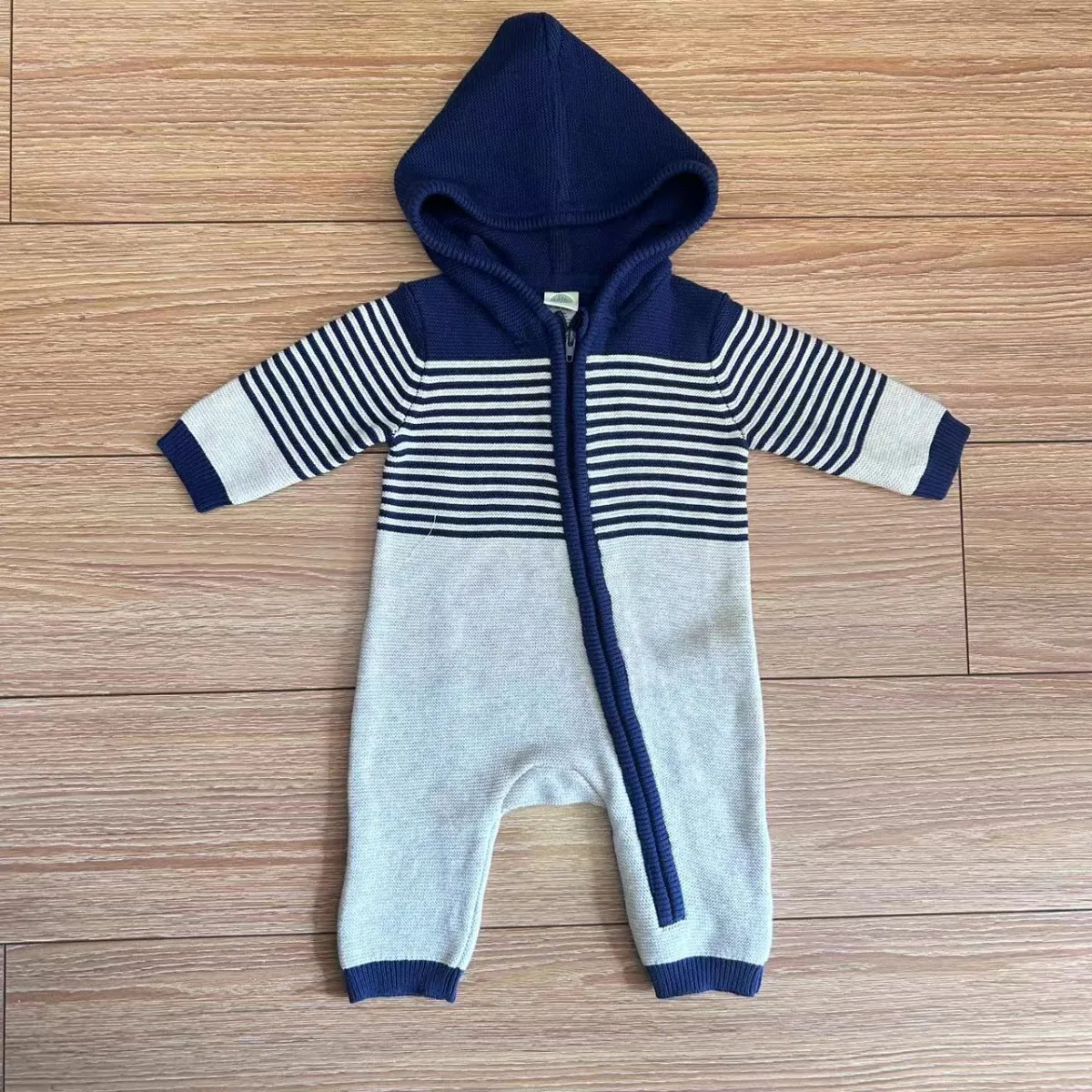 Baby Hooded Striped Knit Jumpsuit