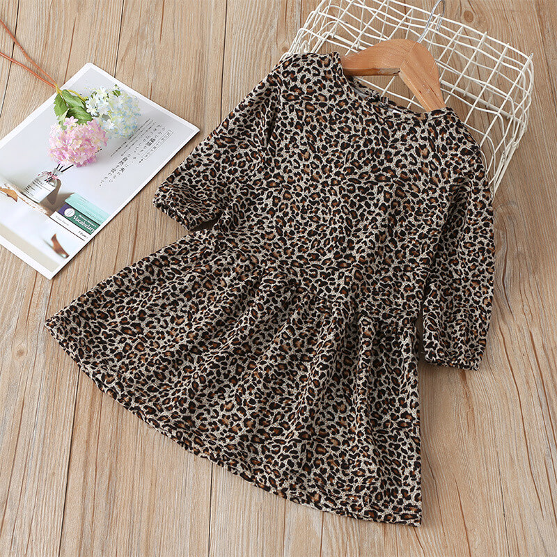 Girls' Leopard-Print Long-Sleeve Swing Dress